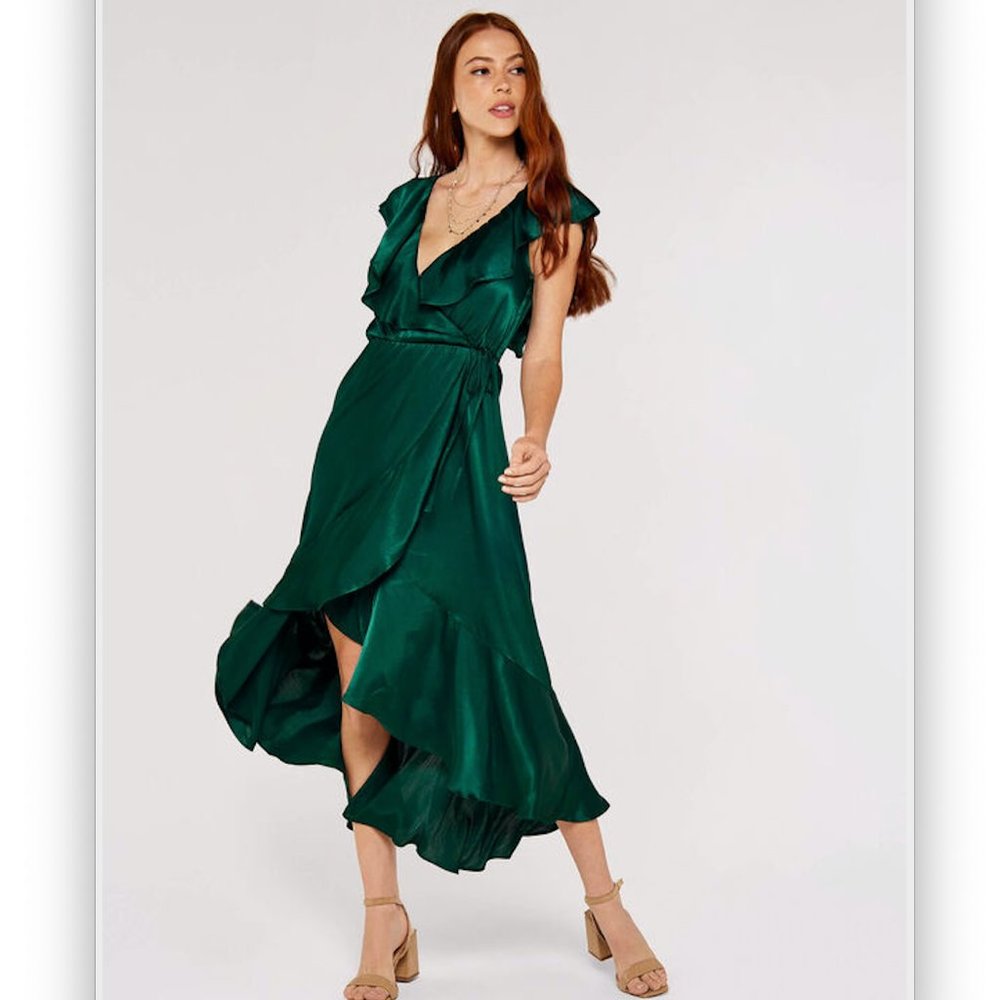 Satin Ruffle Wrap Dress